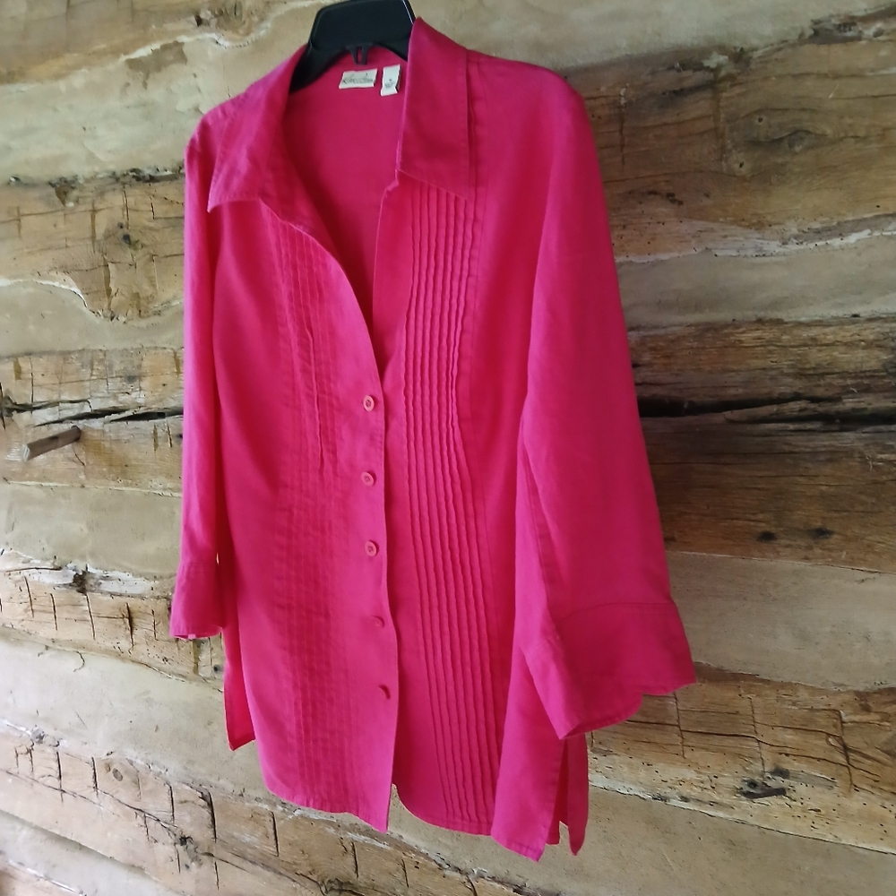 Kim Rogers Fuschia Pintuck 3/4 Sleeve Button Down Linen Shirt Size 1X - Picture 4 of 7